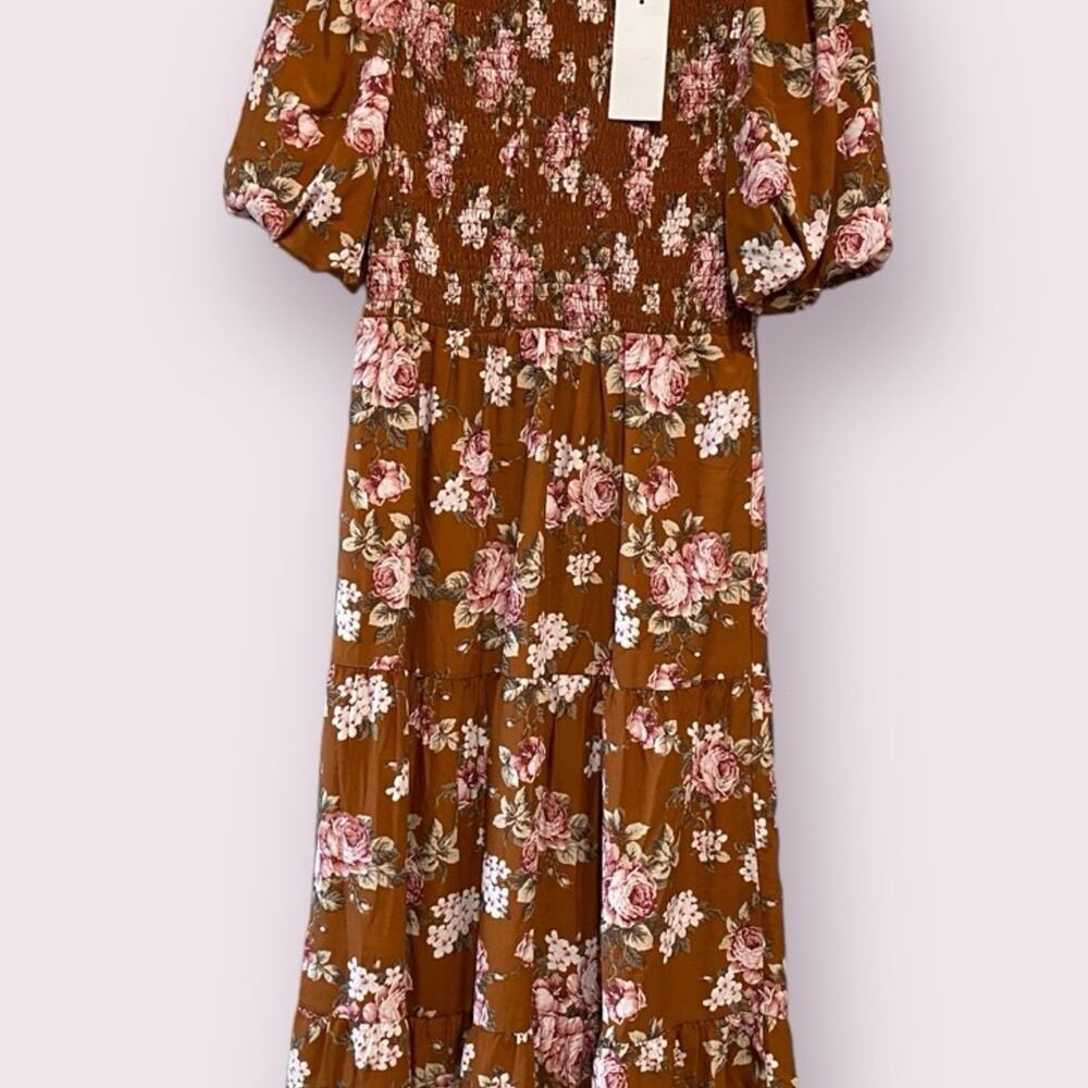Wayf Burnt Orange Floral Dress Size- Small Back Tie Puff Sleeves